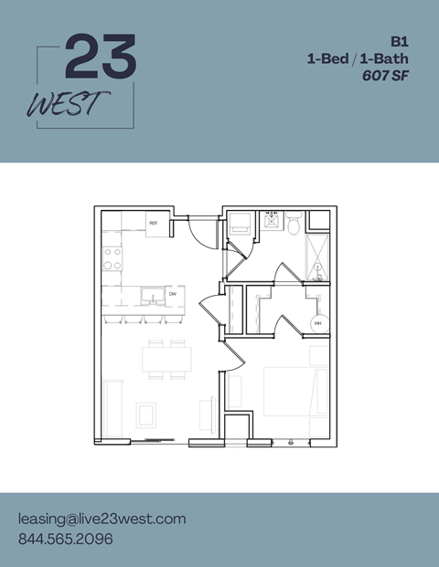 Floor plan for 1 bed, 1 bath, 607 sqft